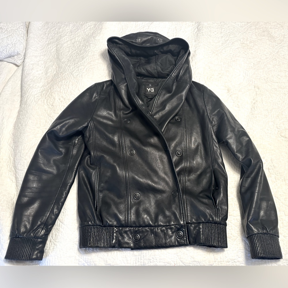 Vintage Y3 Yohji Yamamoto Black Leather Hooded Biker Coat